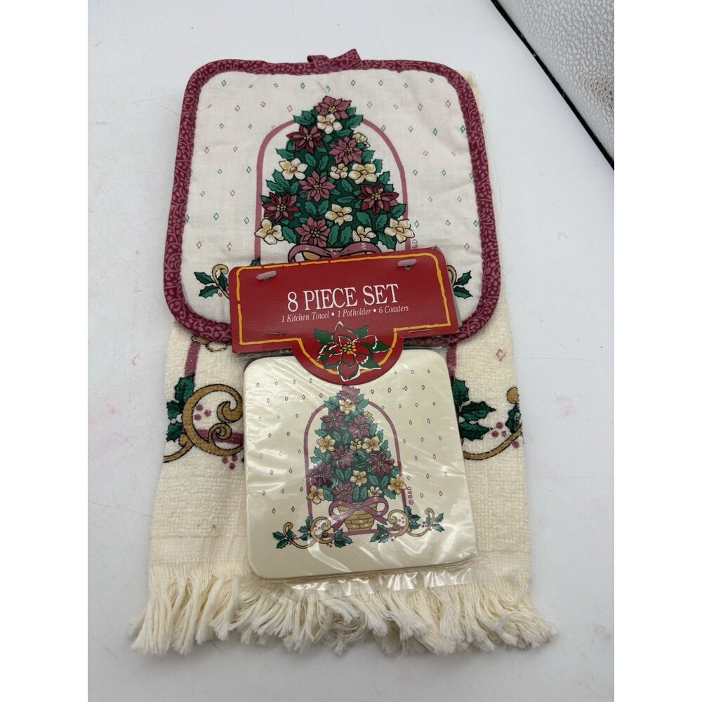 Christmas Poinsettia Kitchen Set 8 Pc Towel Potholder 6 Coasters Cream Burgundy